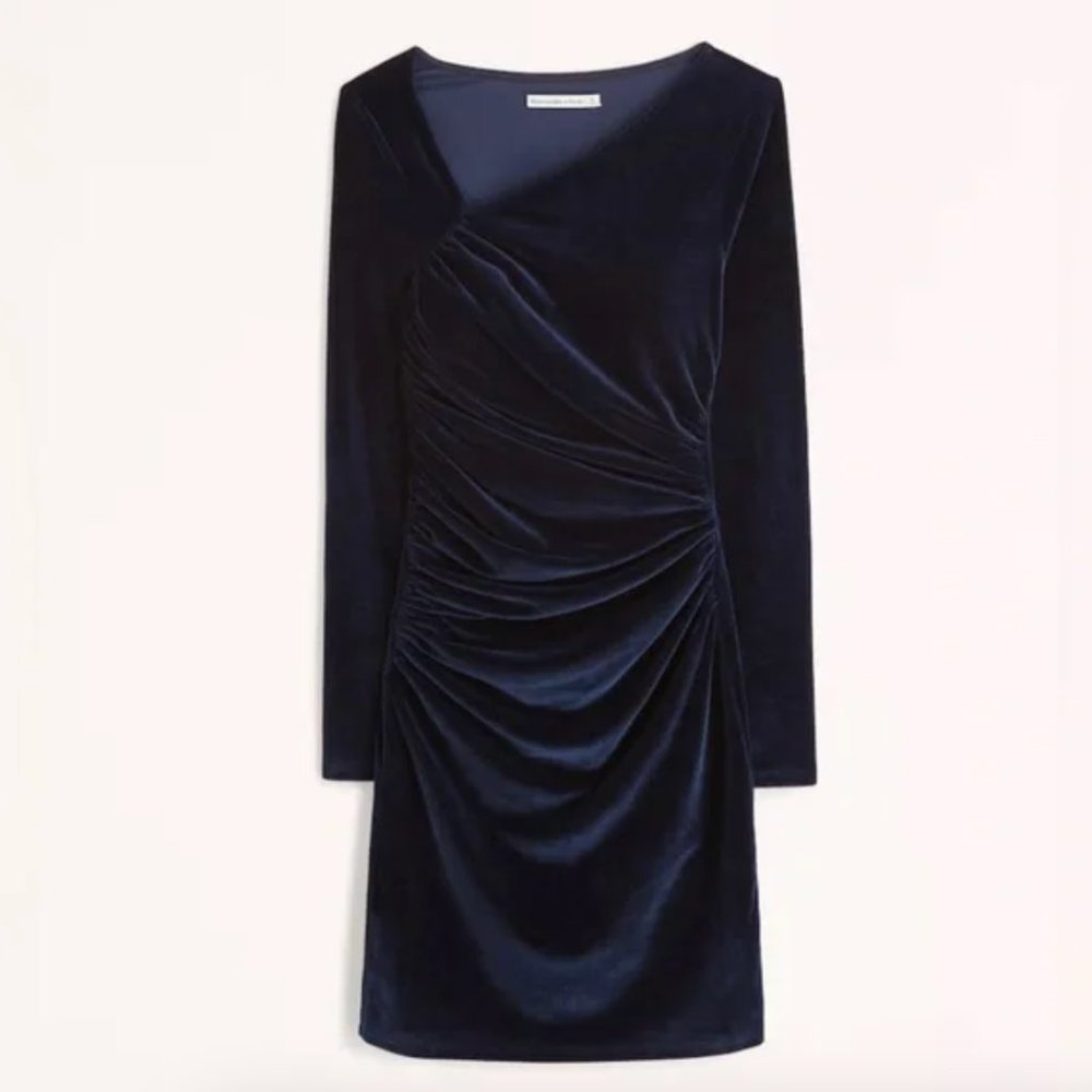 Abercrombie & Fitch Long-Sleeve Asymmetrical Velvet Mini Dress Blue NWT Size XS